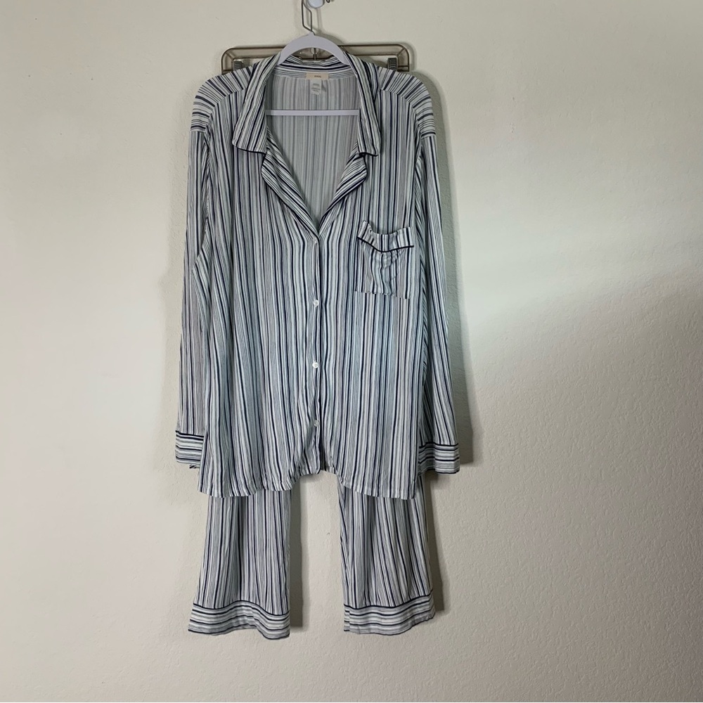 Eberjey Gisele Long PJ Set in Off White & Indigo Stripe XL - Picture 2 of 14